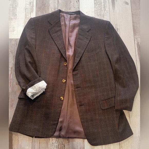 42R ERMENEGILDO ZIGNA Men's Blazer Brown Italian 3 Button 100% Wool Windowpane